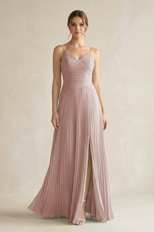 Pleated A-Line Long Chiffon Bridesmaid Dress in Toffee