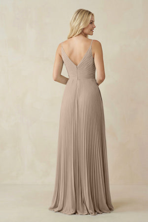 Pleated V - Neck A - Line Chiffon Bridesmaid Dress in Almond - SHE IS ME Bridesmaid Dresses