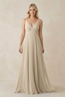 Pleated V - Neck A - Line Chiffon Bridesmaid Dress in Champagne - SHE IS ME Bridesmaid Dresses