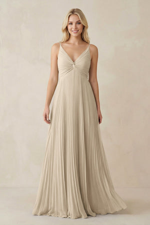 Pleated V - Neck A - Line Chiffon Bridesmaid Dress in Champagne - SHE IS ME Bridesmaid Dresses