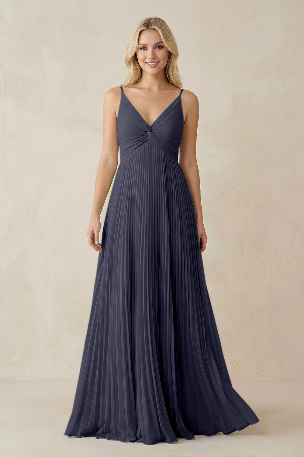 Pleated V - Neck A - Line Chiffon Bridesmaid Dress in Dusk Blue - SHE IS ME Bridesmaid Dresses