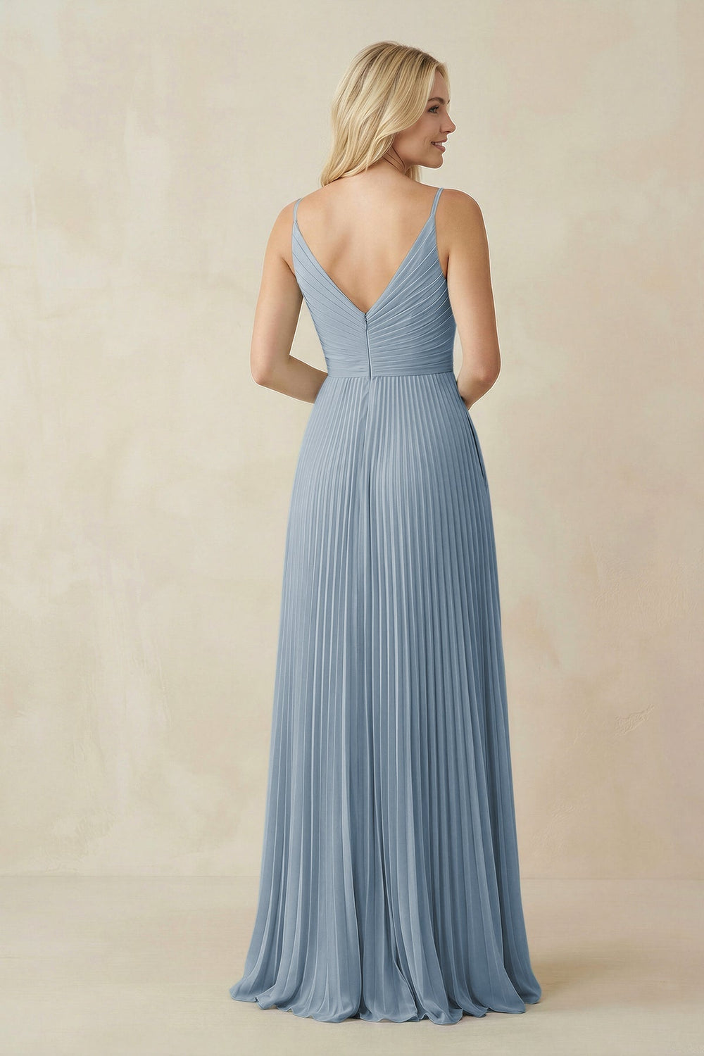 Pleated V - Neck A - Line Chiffon Bridesmaid Dress in Dusty Blue - SHE IS ME Bridesmaid Dresses