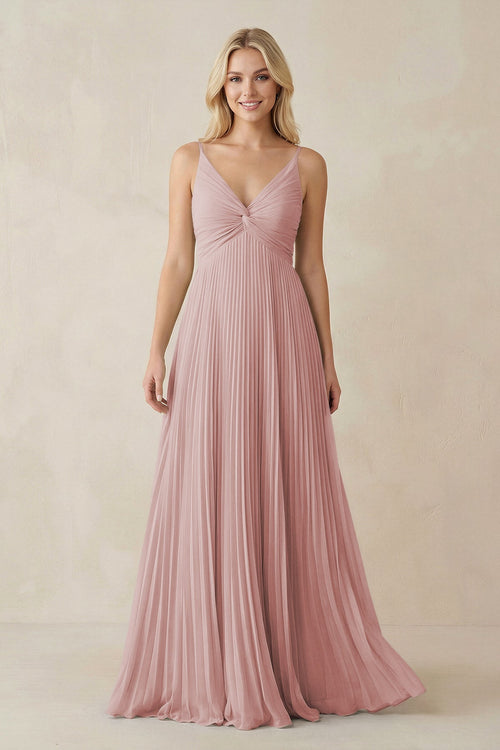 Pleated V - Neck A - Line Chiffon Bridesmaid Dress in Dusty Rose - SHE IS ME Bridesmaid Dresses