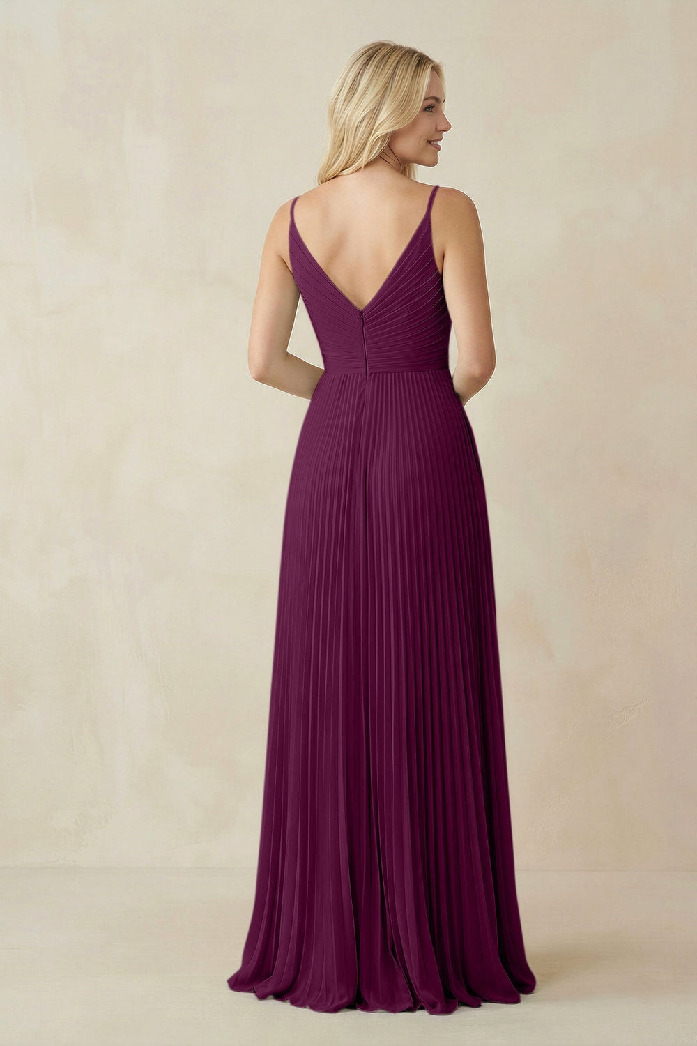 Pleated V - Neck A - Line Chiffon Bridesmaid Dress in Fig - SHE IS ME Bridesmaid Dresses
