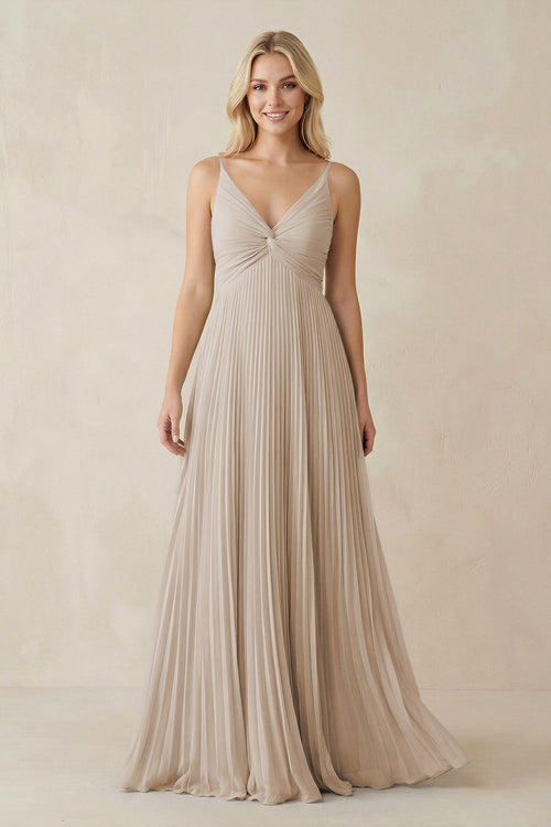 Pleated V - Neck A - Line Chiffon Bridesmaid Dress in Frost - SHE IS ME Bridesmaid Dresses