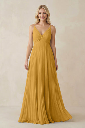 Pleated V - Neck A - Line Chiffon Bridesmaid Dress in Marigold - SHE IS ME Bridesmaid Dresses