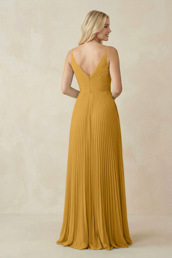 Pleated V - Neck A - Line Chiffon Bridesmaid Dress in Marigold - SHE IS ME Bridesmaid Dresses