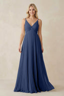 Pleated V - Neck A - Line Chiffon Bridesmaid Dress in Navy - SHE IS ME Bridesmaid Dresses