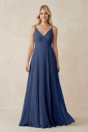 Pleated V - Neck A - Line Chiffon Bridesmaid Dress in Navy - SHE IS ME Bridesmaid Dresses