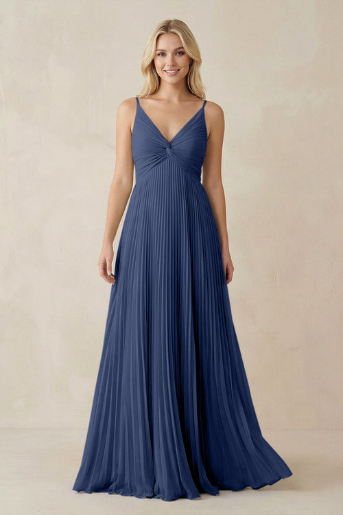 Pleated V - Neck A - Line Chiffon Bridesmaid Dress in Navy - SHE IS ME Bridesmaid Dresses