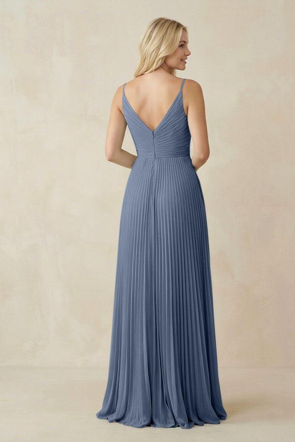 Pleated V - Neck A - Line Chiffon Bridesmaid Dress in Neptune - SHE IS ME Bridesmaid Dresses