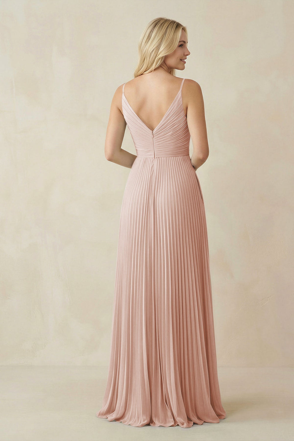 Pleated V - Neck A - Line Chiffon Bridesmaid Dress in Pale Blush - SHE IS ME Bridesmaid Dresses