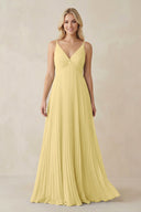 Pleated V - Neck A - Line Chiffon Bridesmaid Dress in Pastel Yellow - SHE IS ME Bridesmaid Dresses