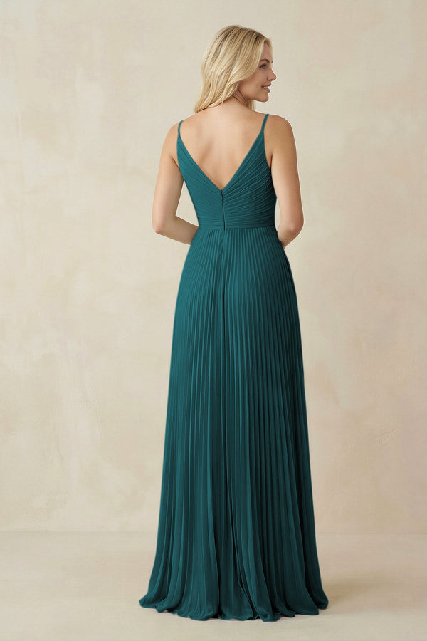 Pleated V - Neck A - Line Chiffon Bridesmaid Dress in Pine - SHE IS ME Bridesmaid Dresses