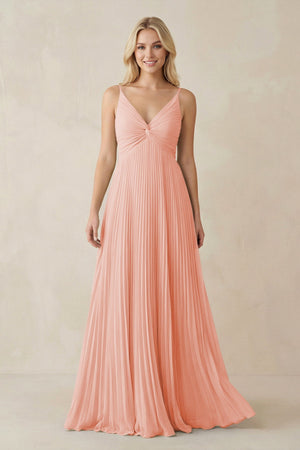 Pleated V - Neck A - Line Chiffon Bridesmaid Dress in Rose Petal - SHE IS ME Bridesmaid Dresses