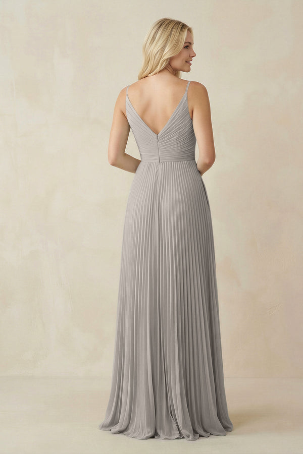 Pleated V - Neck A - Line Chiffon Bridesmaid Dress in Silver - SHE IS ME Bridesmaid Dresses
