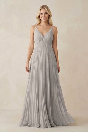 Pleated V - Neck A - Line Chiffon Bridesmaid Dress in Silver - SHE IS ME Bridesmaid Dresses