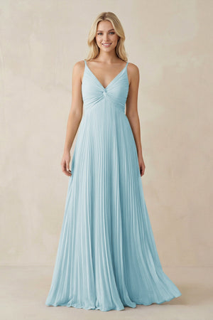 Pleated V - Neck A - Line Chiffon Bridesmaid Dress in Sky Blue - SHE IS ME Bridesmaid Dresses