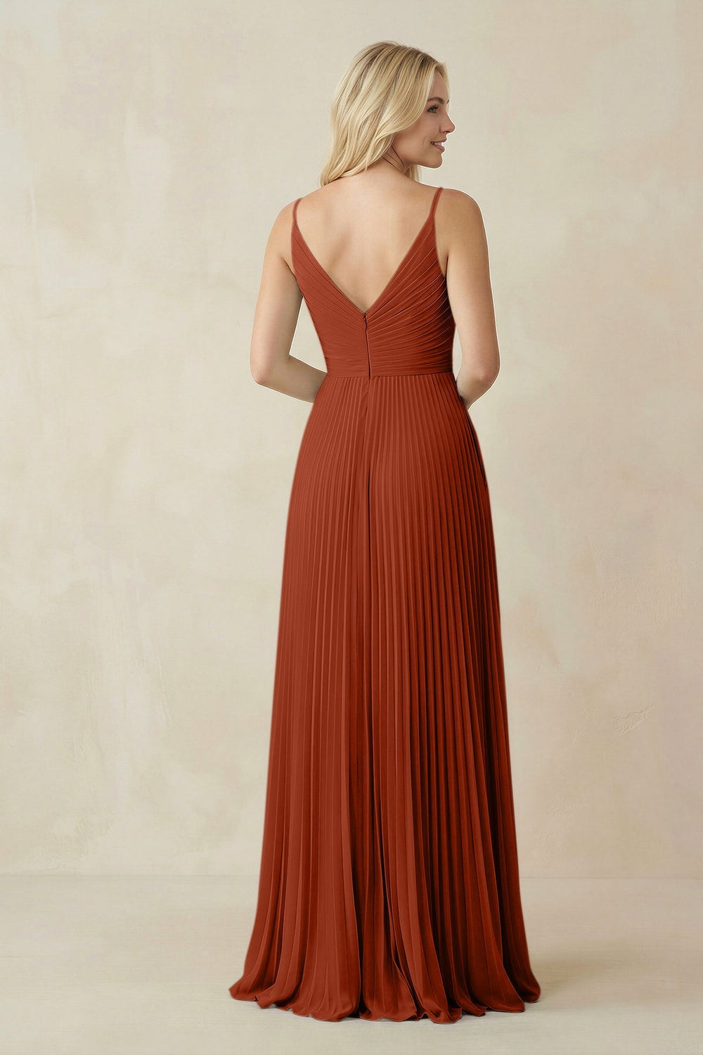 Pleated V - Neck A - Line Chiffon Bridesmaid Dress in Spice - SHE IS ME Bridesmaid Dresses