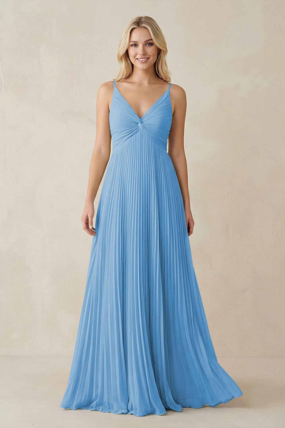 Pleated V - Neck A - Line Chiffon Bridesmaid Dress in Steel Blue - SHE IS ME Bridesmaid Dresses