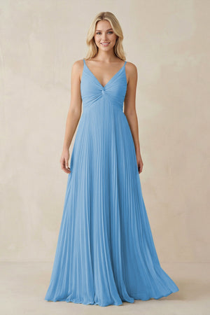 Pleated V - Neck A - Line Chiffon Bridesmaid Dress in Steel Blue - SHE IS ME Bridesmaid Dresses