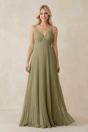 Pleated V - Neck A - Line Chiffon Bridesmaid Dress in Thyme - SHE IS ME Bridesmaid Dresses