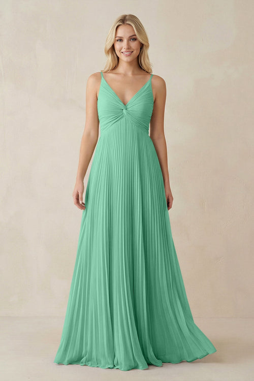Pleated V - Neck A - Line Chiffon Bridesmaid Dress in Turquoise - SHE IS ME Bridesmaid Dresses