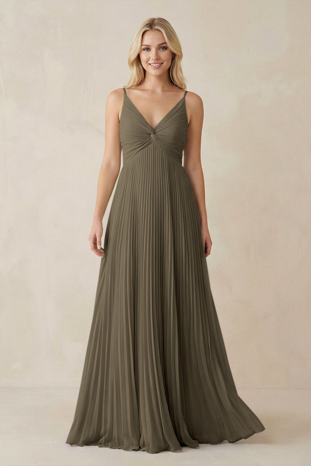 Pleated V - Neck A - Line Chiffon Bridesmaid Dress in Willow Green - SHE IS ME Bridesmaid Dresses