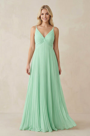 Pleated V-Neck A-Line Chiffon Bridesmaid Dress in Pale Pistachio - SHE IS ME BRIDESMAID DRESSES