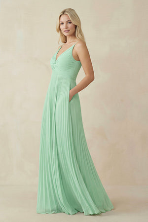 Pleated V-Neck A-Line Chiffon Bridesmaid Dress in Pale Pistachio - SHE IS ME BRIDESMAID DRESSES