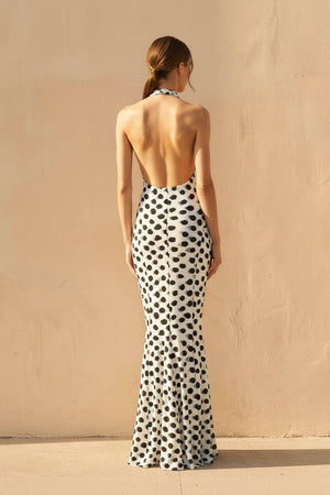 Polka Dot Backless Maxi Dress in White - SHE IS ME