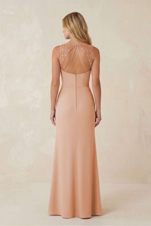 Round Neck Sheath Chiffon Appliqued Bridesmaid Dress in Champagne Rose - SHE IS ME Bridesmaid Dresses