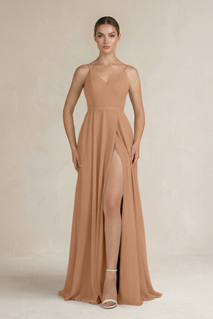 Ruched A - Line Chiffon Bridesmaid Dress with Slit in Bronzer - SHE IS ME Bridesmaid Dresses