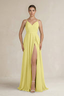 Ruched A - Line Chiffon Bridesmaid Dress with Slit in Buttercup - SHE IS ME Bridesmaid Dresses