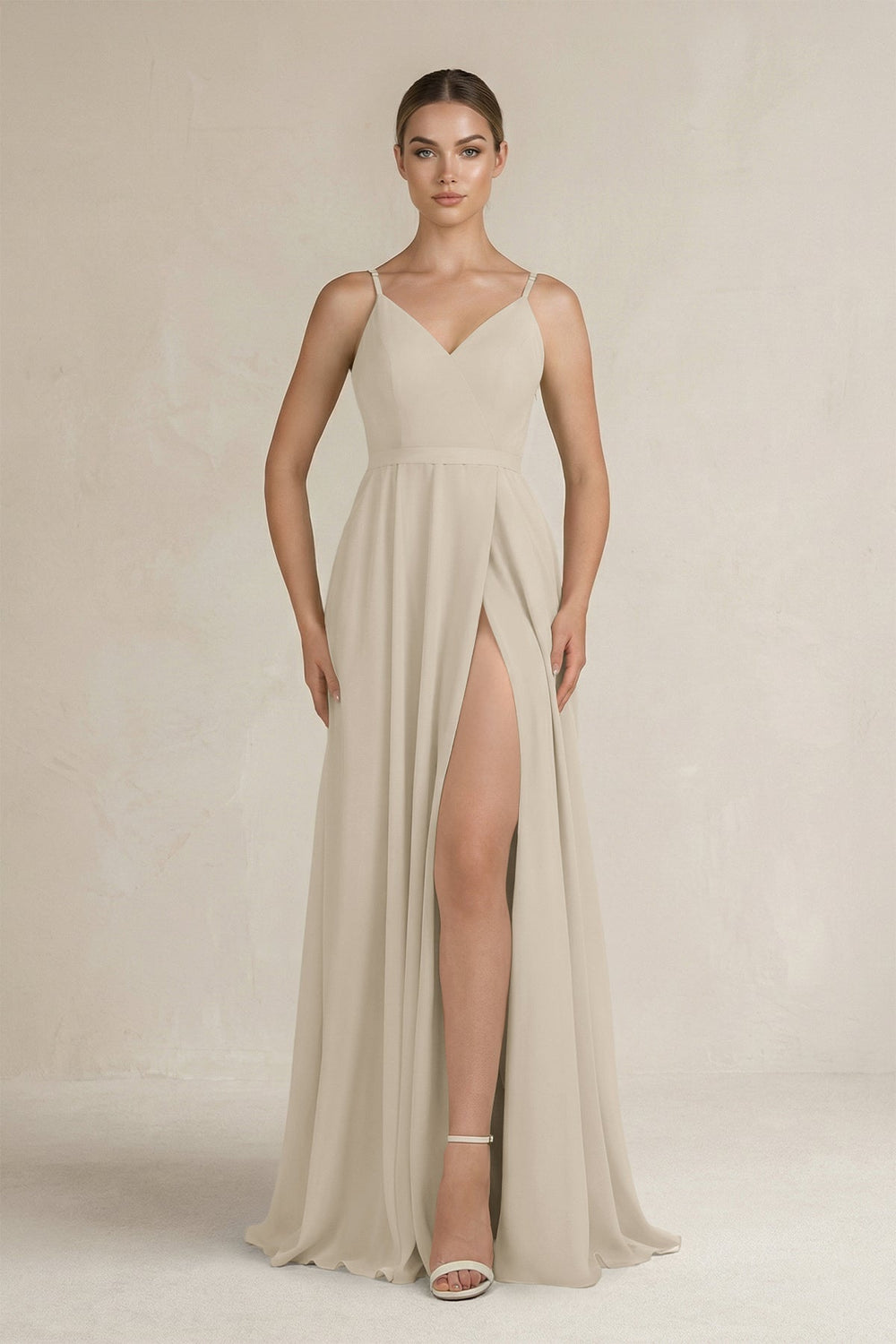 Ruched A - Line Chiffon Bridesmaid Dress with Slit in Champagne - SHE IS ME Bridesmaid Dresses