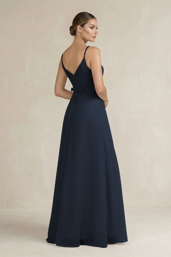 Ruched A - Line Chiffon Bridesmaid Dress with Slit in Dark Navy - SHE IS ME Bridesmaid Dresses