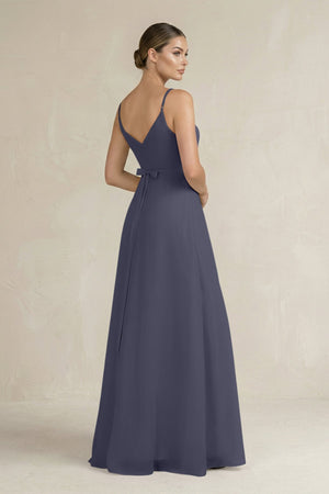 Ruched A - Line Chiffon Bridesmaid Dress with Slit in Dusk Blue - SHE IS ME Bridesmaid Dresses