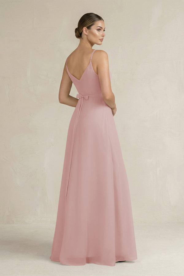 Ruched A - Line Chiffon Bridesmaid Dress with Slit in Dusty Rose - SHE IS ME Bridesmaid Dresses