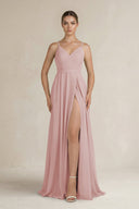 Ruched A - Line Chiffon Bridesmaid Dress with Slit in Dusty Rose - SHE IS ME Bridesmaid Dresses