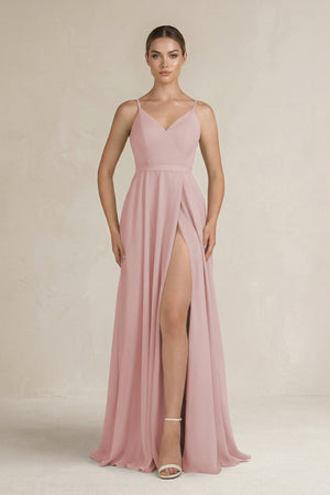 Ruched A - Line Chiffon Bridesmaid Dress with Slit in Dusty Rose - SHE IS ME Bridesmaid Dresses