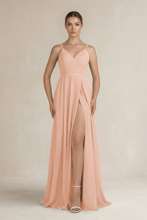 Ruched A - Line Chiffon Bridesmaid Dress with Slit in English Rose - SHE IS ME Bridesmaid Dresses