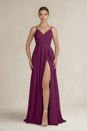Ruched A - Line Chiffon Bridesmaid Dress with Slit in Fig - SHE IS ME Bridesmaid Dresses