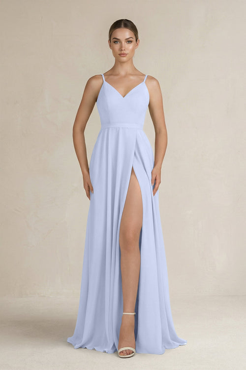 Ruched A - Line Chiffon Bridesmaid Dress with Slit in Ice - SHE IS ME Bridesmaid Dresses