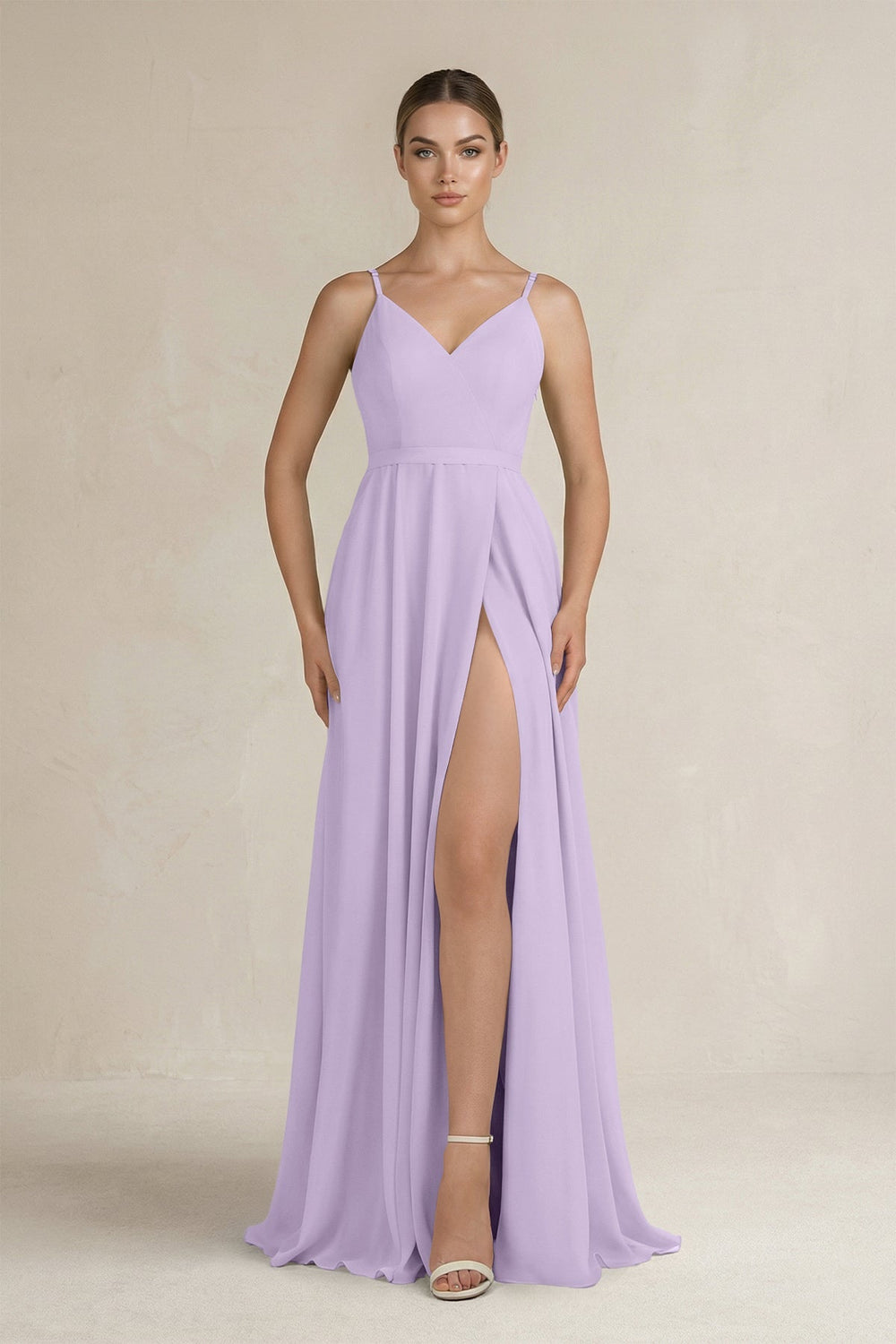 Ruched A - Line Chiffon Bridesmaid Dress with Slit in Lavender - SHE IS ME Bridesmaid Dresses