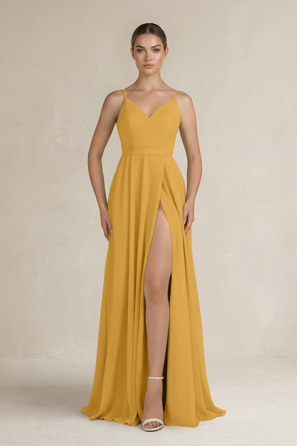 Ruched A - Line Chiffon Bridesmaid Dress with Slit in Marigold - SHE IS ME Bridesmaid Dresses