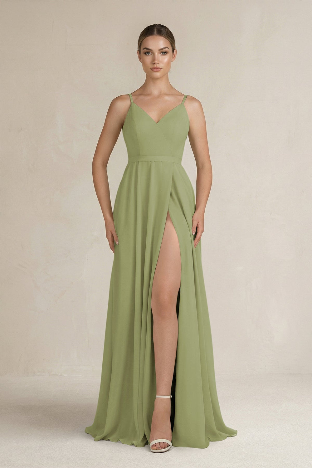 Ruched A - Line Chiffon Bridesmaid Dress with Slit in Moss Green - SHE IS ME Bridesmaid Dresses