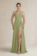 Ruched A - Line Chiffon Bridesmaid Dress with Slit in Moss Green - SHE IS ME Bridesmaid Dresses