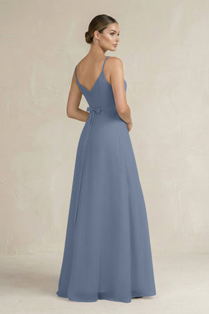 Ruched A - Line Chiffon Bridesmaid Dress with Slit in Neptune - SHE IS ME Bridesmaid Dresses
