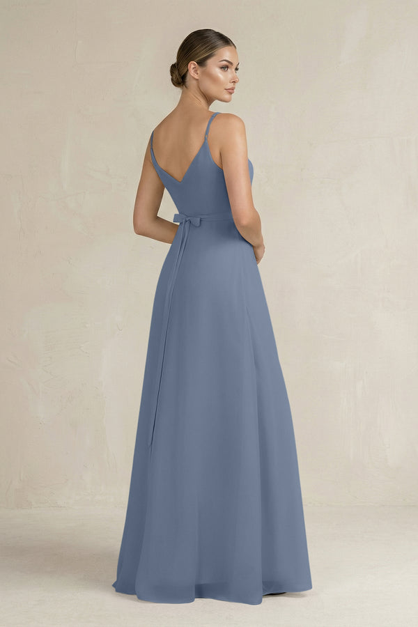 Ruched A - Line Chiffon Bridesmaid Dress with Slit in Neptune - SHE IS ME Bridesmaid Dresses