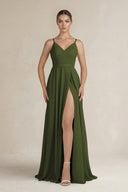 Ruched A - Line Chiffon Bridesmaid Dress with Slit in Olive - SHE IS ME Bridesmaid Dresses